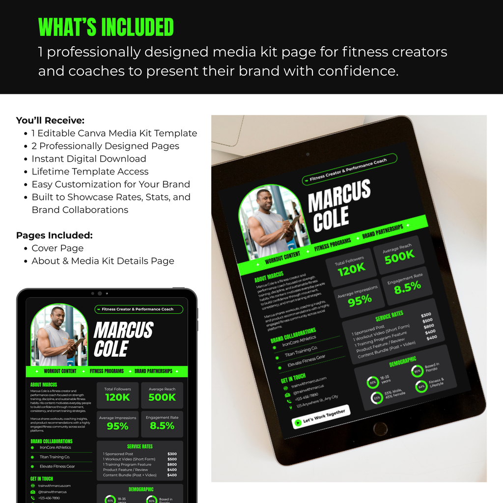 Tablet displaying a media kit template for fitness creators with a professional design.