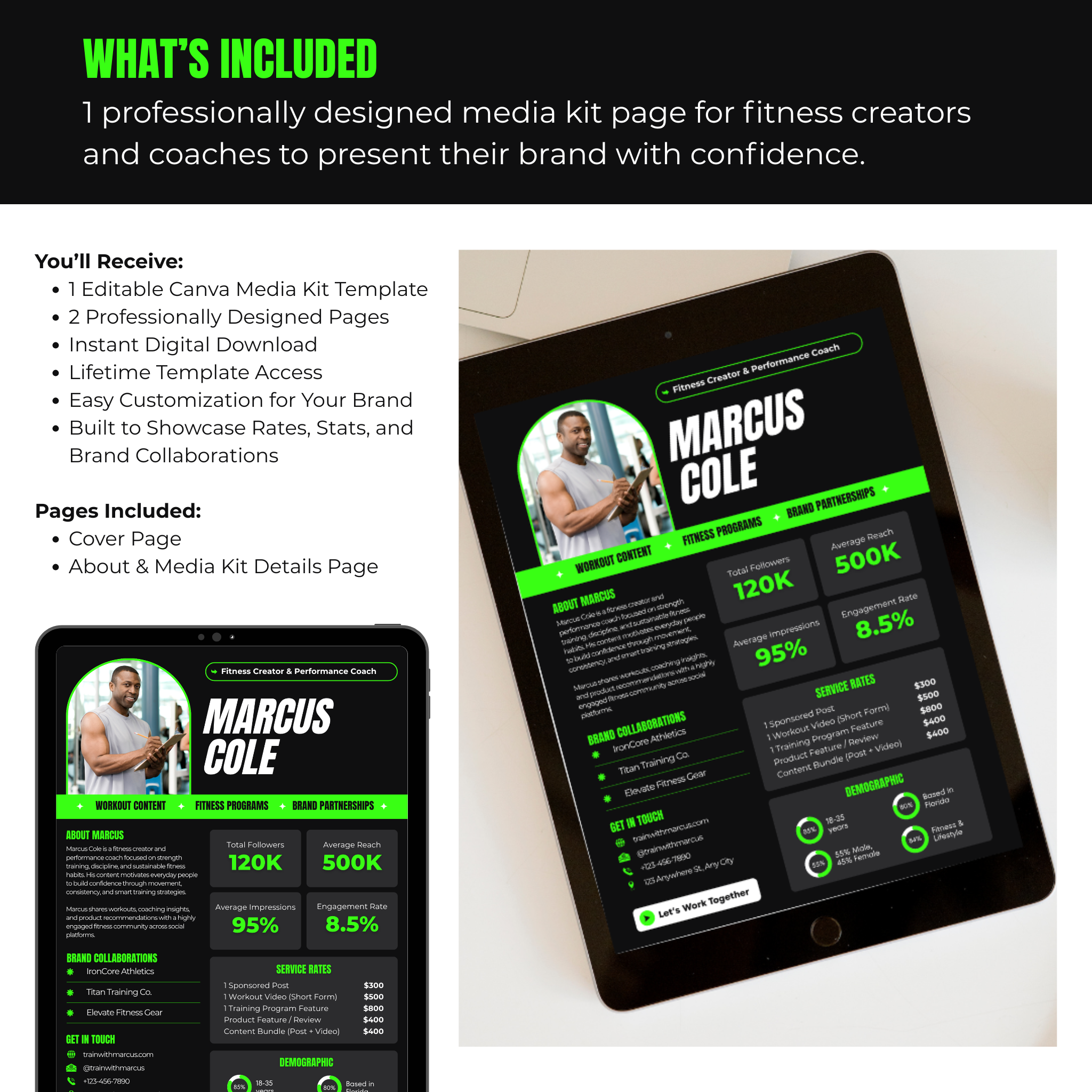 Tablet displaying a media kit template for fitness creators with a professional design.