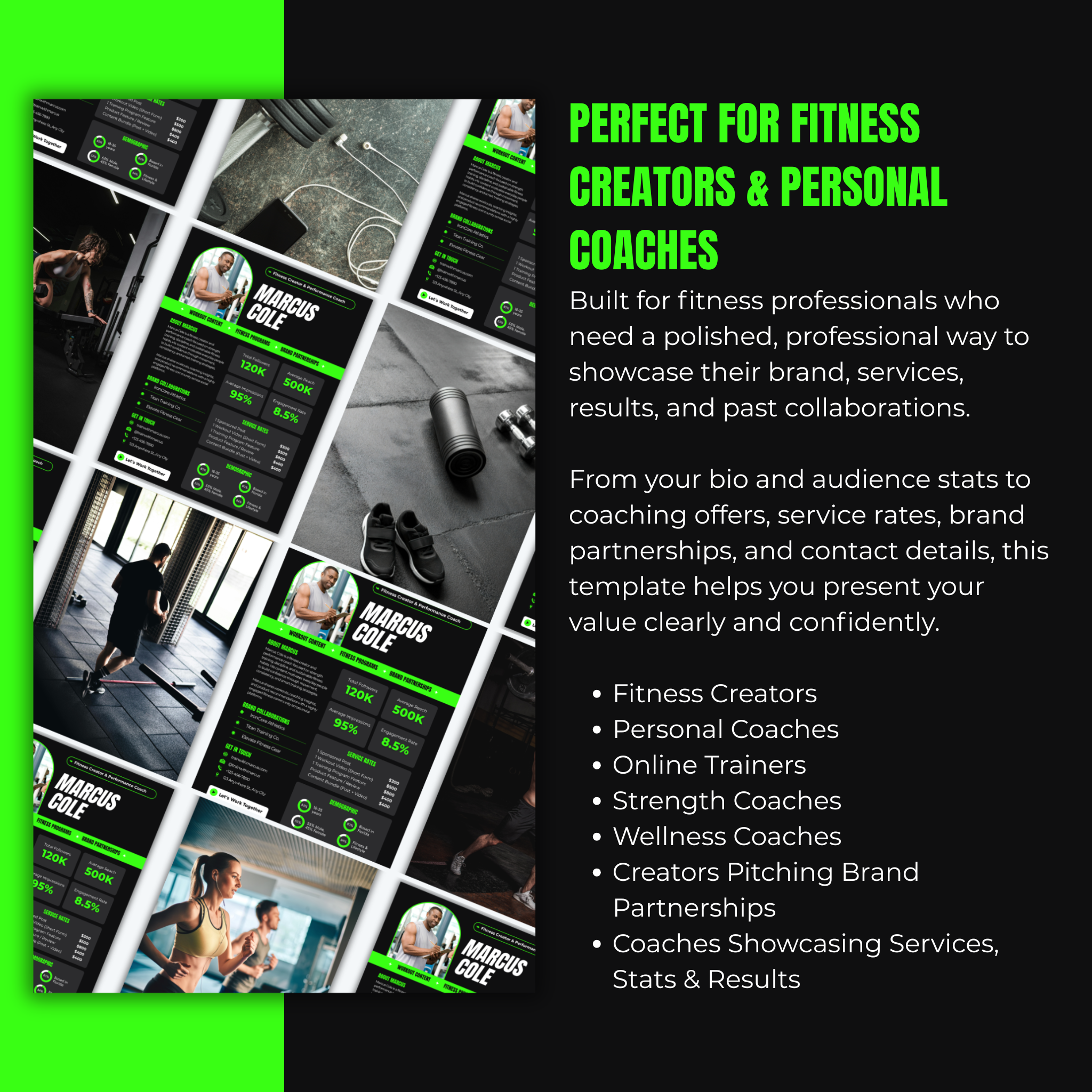 Collage of fitness professional templates with promotional text for fitness creators and personal coaches.