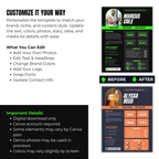 Promotional graphic for customizable templates with before and after examples, text editing options, and branding details.
