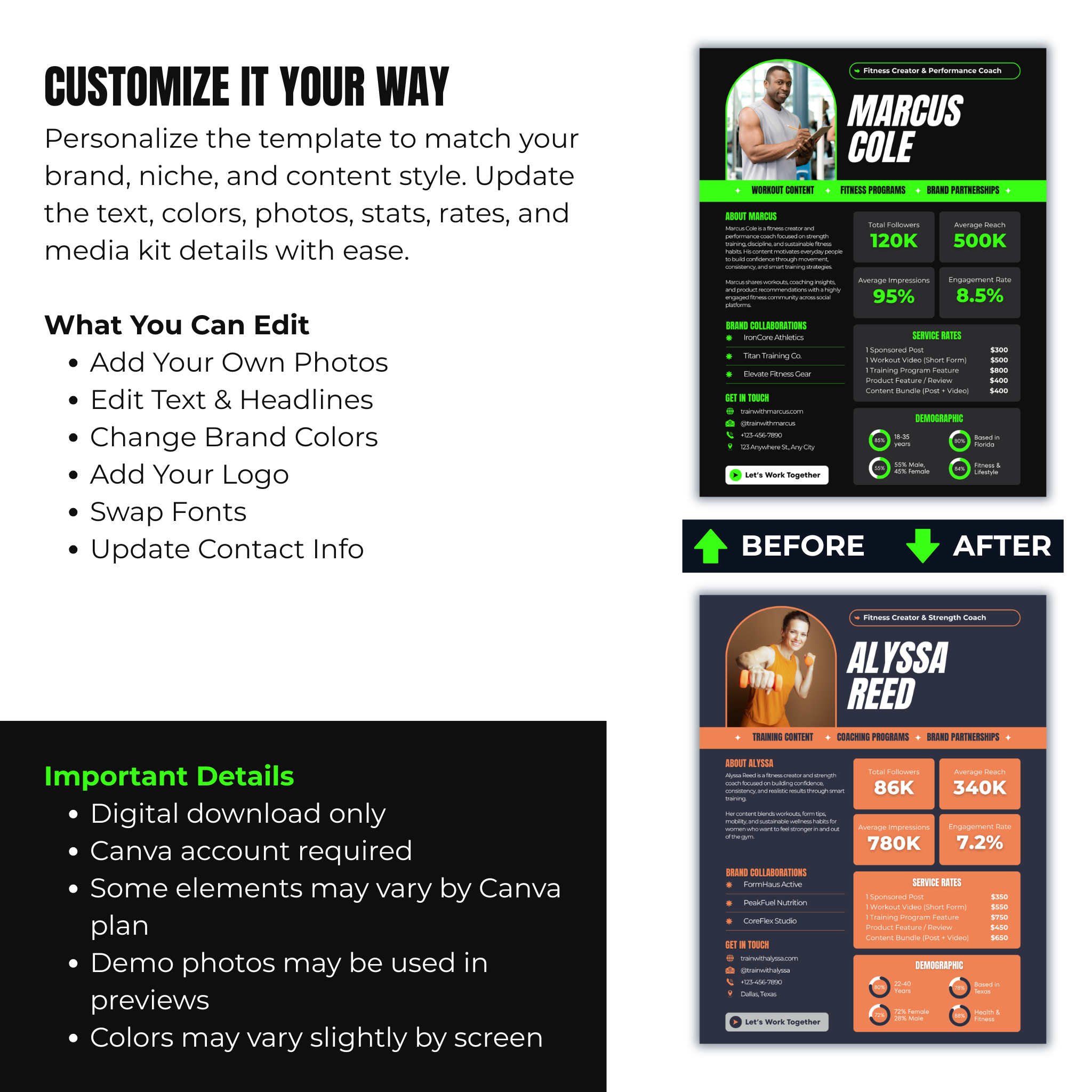 Promotional graphic for customizable templates with before and after examples, text editing options, and branding details.