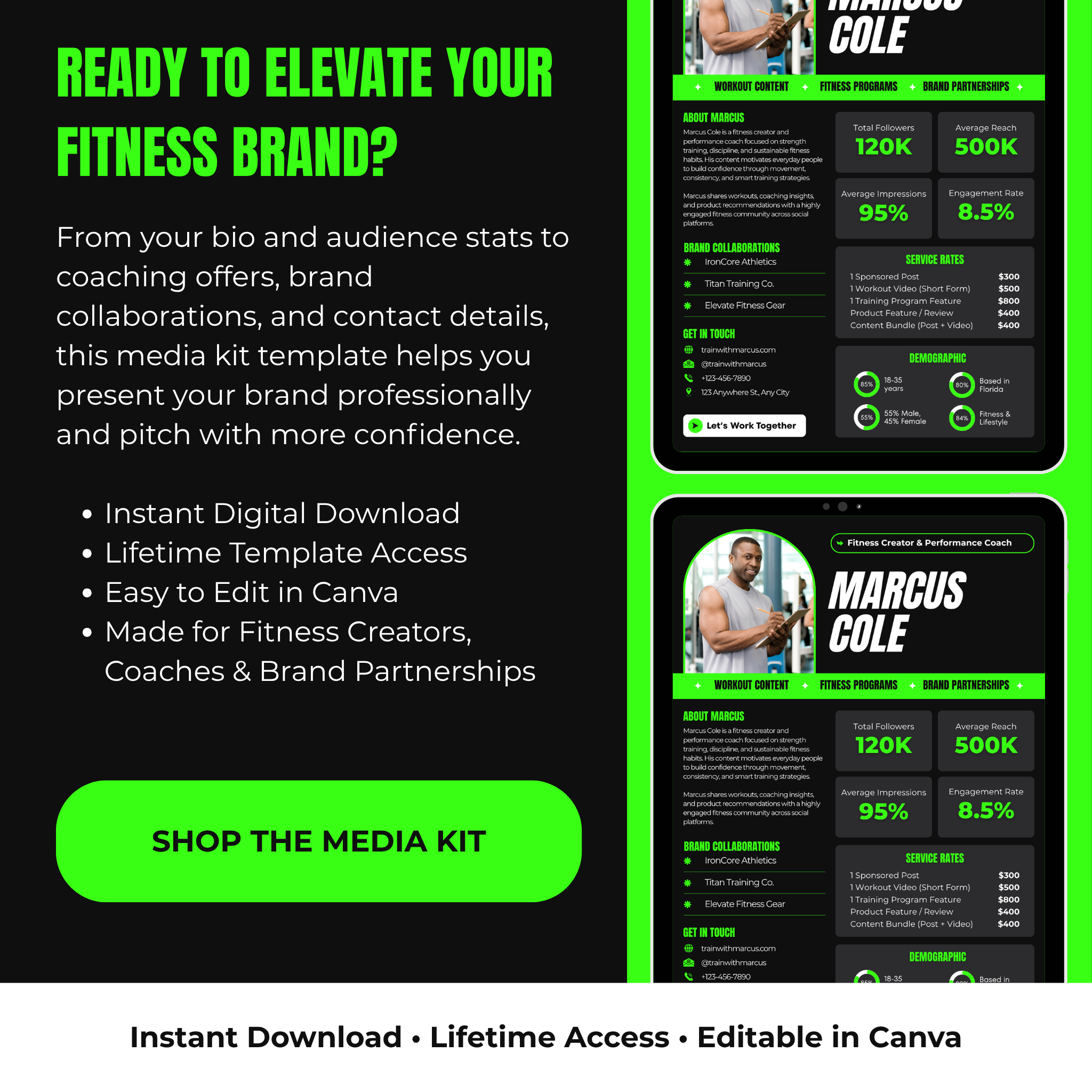 Media kit template for fitness professionals with a black and green color scheme.