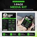 Editable 1-page fitness creator and coach media kit Canva template shown with a full-page preview and tablet mockup, featuring audience stats, service rates, brand collaborations, demographics and contact information.