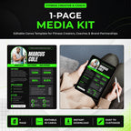 Editable 1-page fitness creator and coach media kit Canva template shown with a full-page preview and tablet mockup, featuring audience stats, service rates, brand collaborations, demographics and contact information.