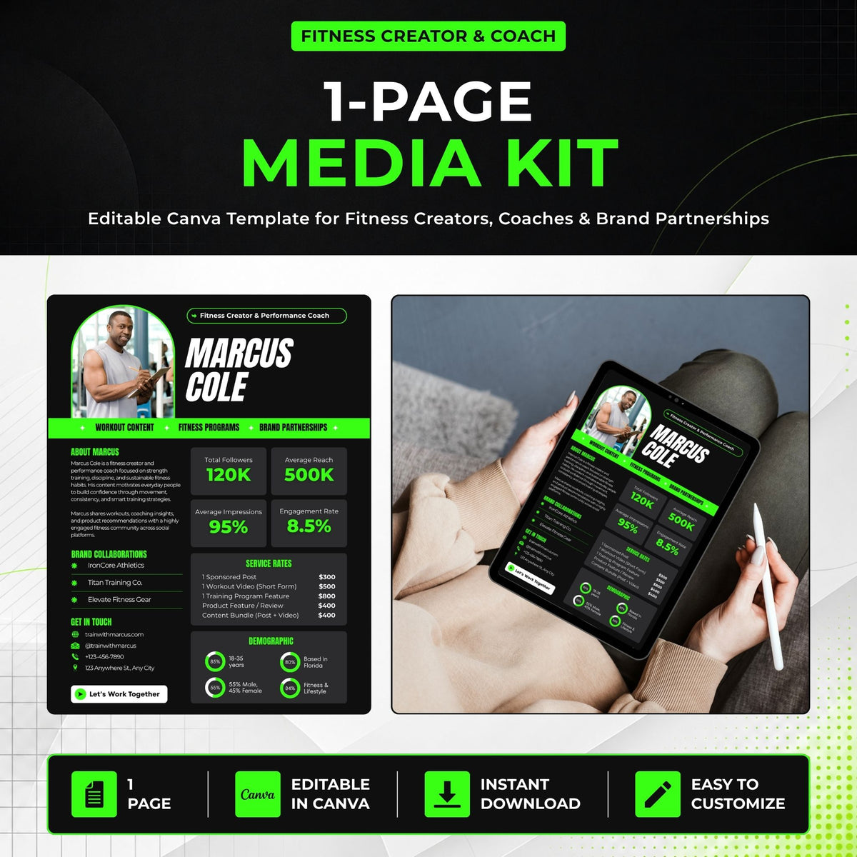 Editable 1-page fitness creator and coach media kit Canva template shown with a full-page preview and tablet mockup, featuring audience stats, service rates, brand collaborations, demographics and contact information.