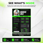 Full-page preview of an editable fitness creator and personal trainer media kit template with sections for creator bio, social media statistics, brand collaborations, rates, demographics and contact details.