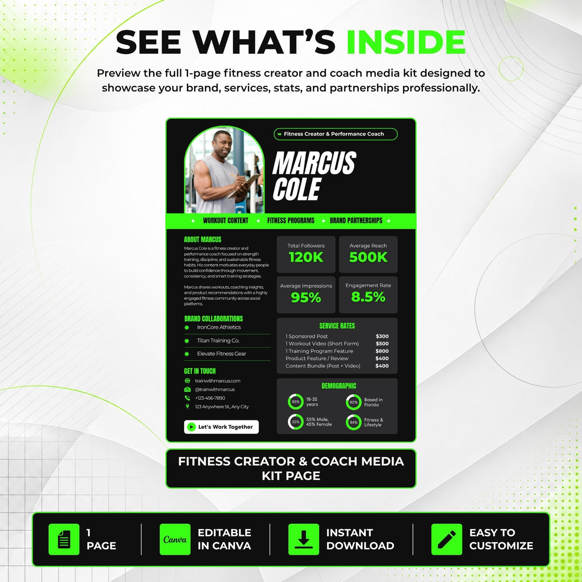 Full-page preview of an editable fitness creator and personal trainer media kit template with sections for creator bio, social media statistics, brand collaborations, rates, demographics and contact details.