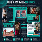 A promotional mockup sheet for fitness social media templates, showing multiple poster and carousel designs with teal, black, white, and skin-tone imagery. Text at the top reads 'FEED & CAROUSEL MOCKUPS' and the bottom banner mentions instant download, lifetime access, editable in Canva, and easy to edit.

