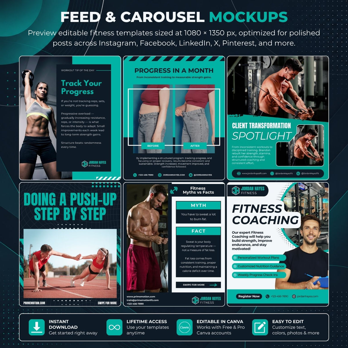 A promotional mockup sheet for fitness social media templates, showing multiple poster and carousel designs with teal, black, white, and skin-tone imagery. Text at the top reads 'FEED & CAROUSEL MOCKUPS' and the bottom banner mentions instant download, lifetime access, editable in Canva, and easy to edit.
