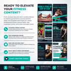 A promotional graphic for a fitness content template pack, showing multiple social media post designs and marketing callouts on a light gray background. The text reads 'READY TO ELEVATE YOUR FITNESS CONTENT?' and includes sample posts for bodyweight squats, meal prep, fitness coaching, and consistency.