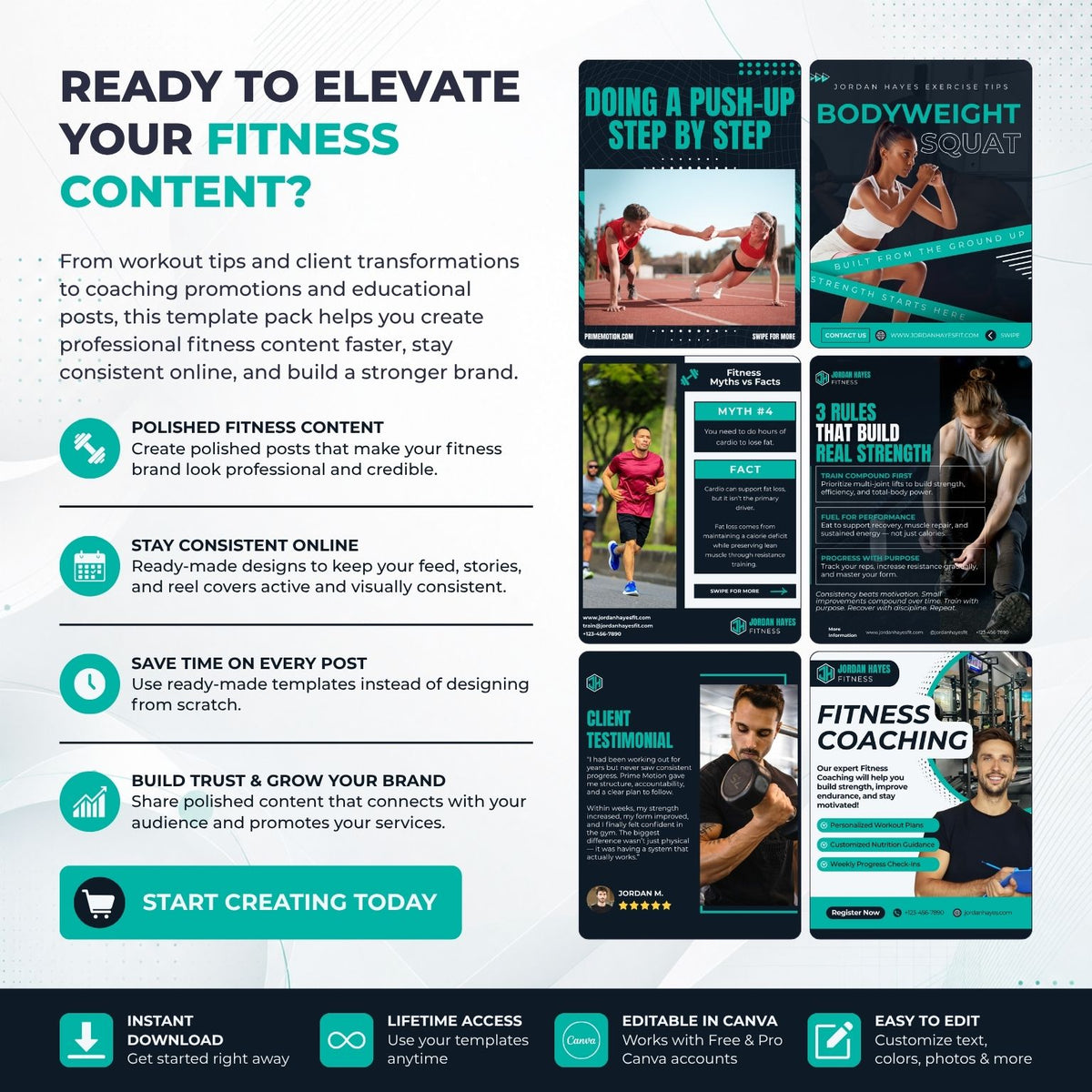 A promotional graphic for a fitness content template pack, showing multiple social media post designs and marketing callouts on a light gray background. The text reads 'READY TO ELEVATE YOUR FITNESS CONTENT?' and includes sample posts for bodyweight squats, meal prep, fitness coaching, and consistency.