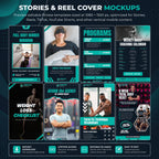 A promotional graphic showing six fitness-themed reel and story cover mockups arranged in a grid on a dark teal background. The mockups feature black, white, gray, and bright teal design elements with text such as 'Full Body Burner,' 'Programs,' 'Weekly Group Coaching Calendar,' 'Weight Loss Checklist,' 'Behind the Scenes with Jordan Rugea,' and 'Form Fix Technique Breakdown.
