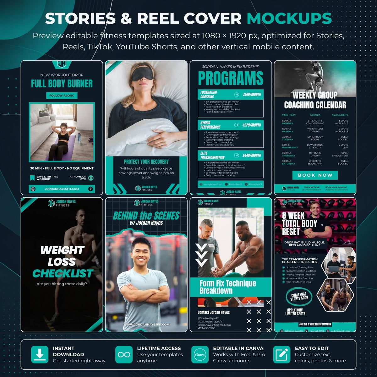 A promotional graphic showing six fitness-themed reel and story cover mockups arranged in a grid on a dark teal background. The mockups feature black, white, gray, and bright teal design elements with text such as 'Full Body Burner,' 'Programs,' 'Weekly Group Coaching Calendar,' 'Weight Loss Checklist,' 'Behind the Scenes with Jordan Rugea,' and 'Form Fix Technique Breakdown.
