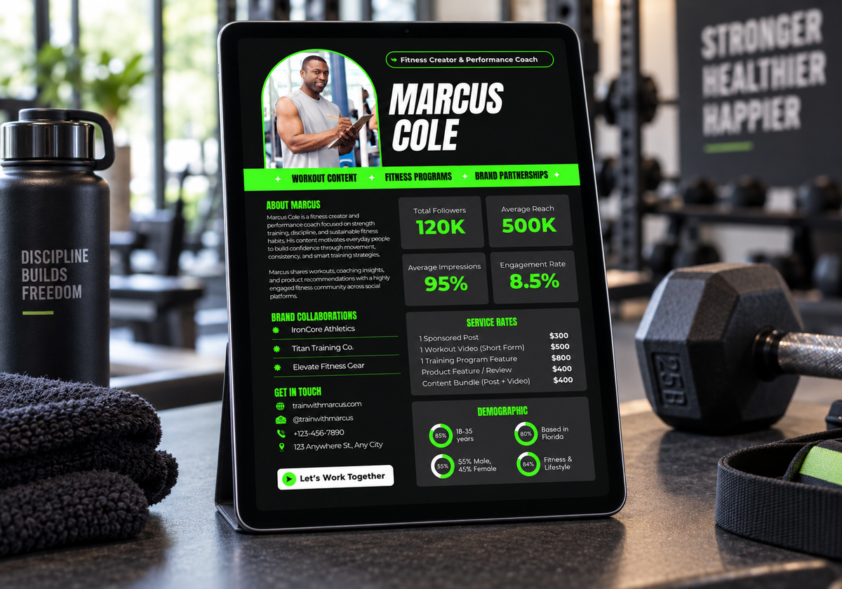 A tablet on a gym counter displaying a custom fitness profile for 'Marcus Cole' with green and black graphics. The background shows a blurred gym environment with a water bottle, towel, and dumbbell.