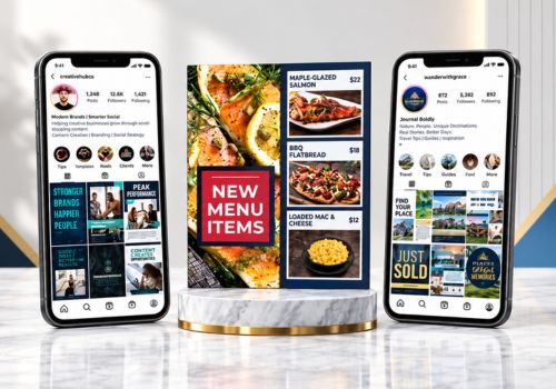 Two smartphones flank a restaurant display featuring “New Menu Items,” salmon, flatbread, mac and cheese, and social media posts online.