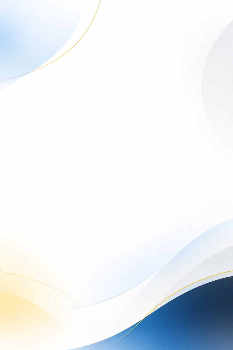 Abstract background with flowing white, light blue, and dark blue curved shapes accented by thin gold lines.