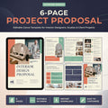 Digital product listing graphic for a 6-page interior design project proposal template, shown on a tablet mockup with several page previews and marketing text on a dark blue background.
