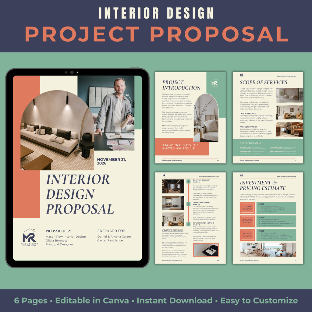 Interior design project proposal with tablet displaying cover page on a green background