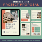 Interior design project proposal with tablet displaying cover page on a green background