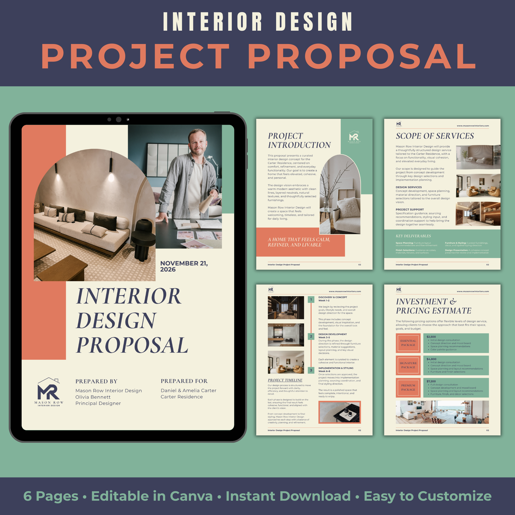 Interior design project proposal with tablet displaying cover page on a green background