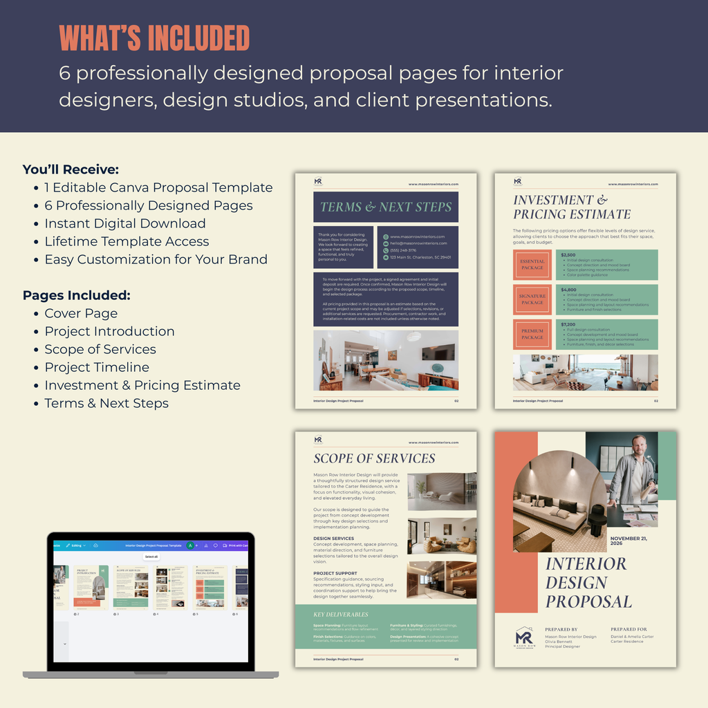 Promotional graphic for interior design proposal pages with a laptop displaying the template.