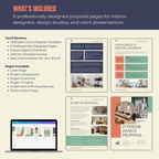 Promotional graphic for interior design proposal pages with a laptop displaying the template.