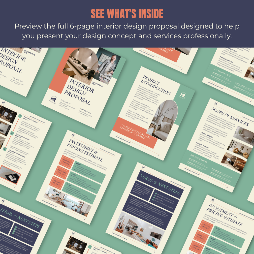 Full 6-page interior design proposal on a teal background