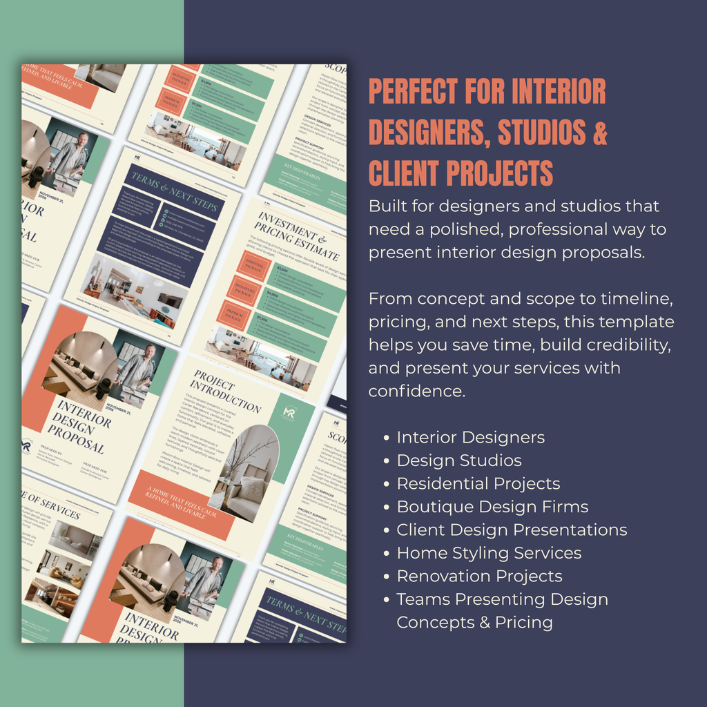 Interior design proposal template with colorful layout on a blue background