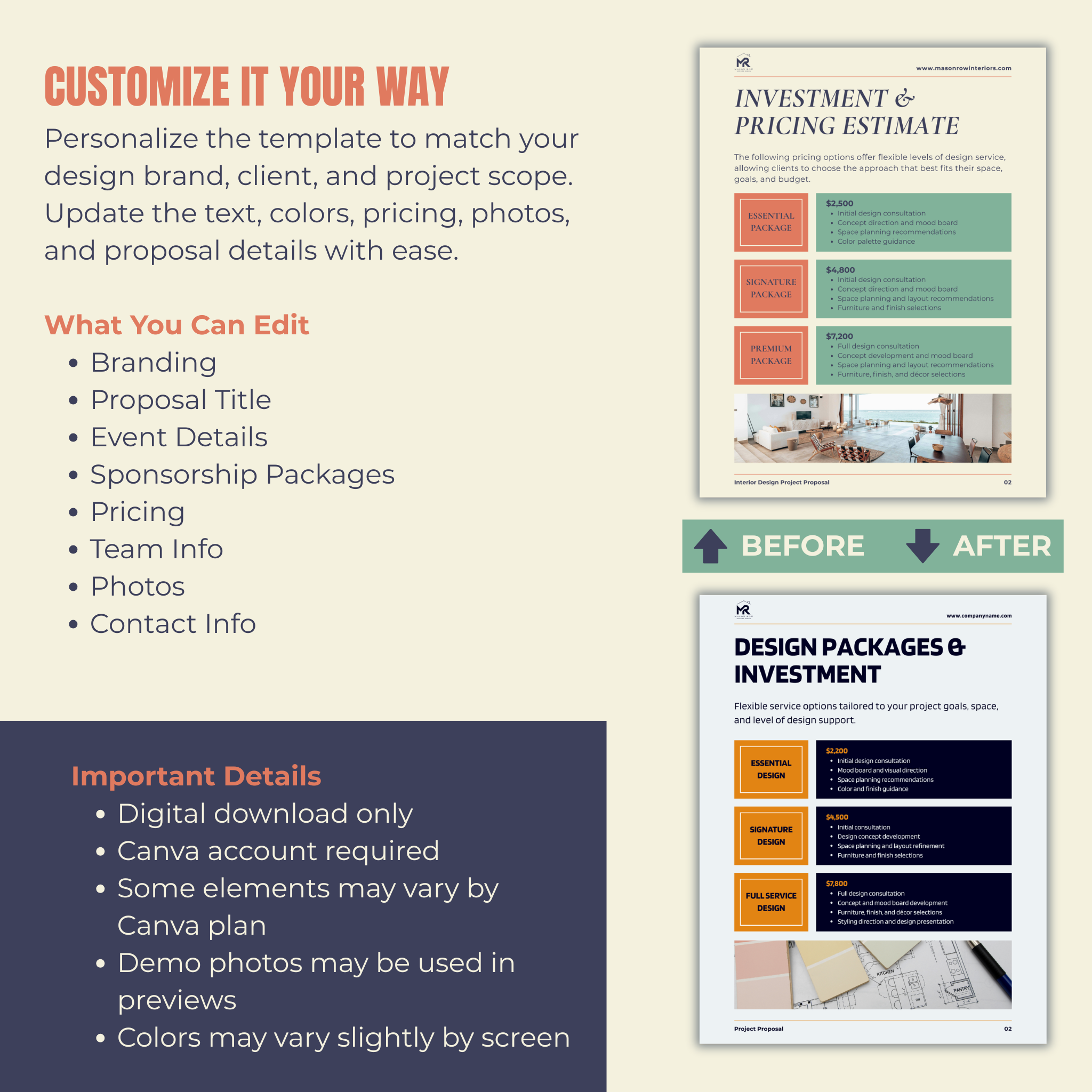 Promotional graphic for customizable proposal template with before and after examples.