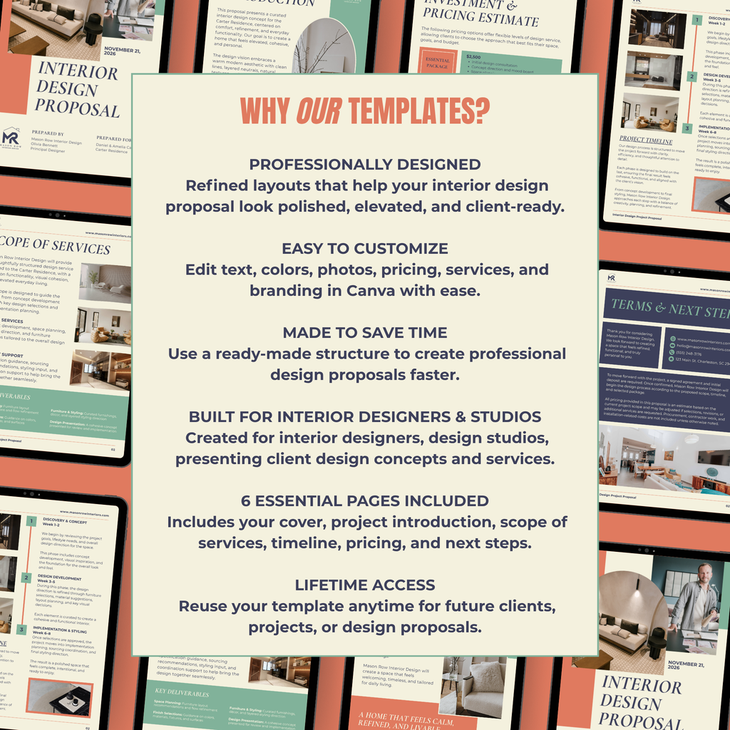 Promotional graphic for interior design proposal templates with text and layout examples.