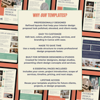 Promotional graphic for interior design proposal templates with text and layout examples.