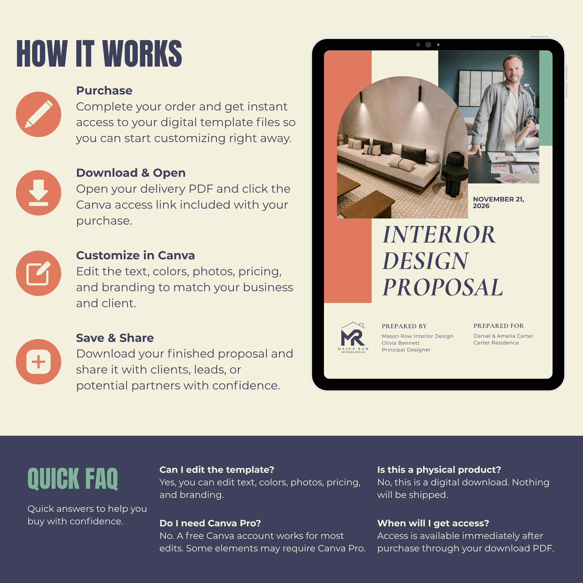 Interior design proposal template with Canva branding on a tablet screen, accompanied by instructions and FAQs.