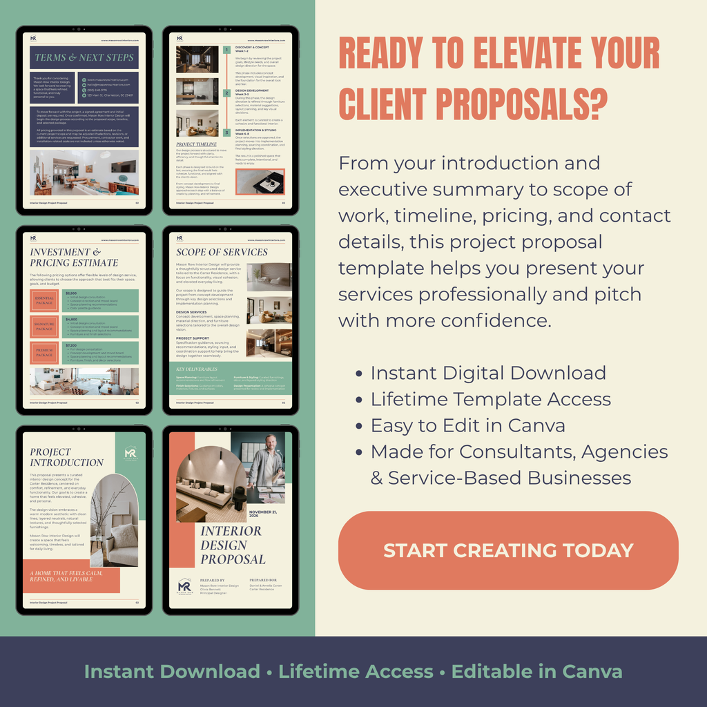 Promotional graphic for project proposal templates with text on a green and beige background.