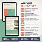 Promotional graphic for Canva presentation templates, showing three tablet mockups displaying template pages alongside a list of benefits under the heading 'WHY OUR TEMPLATES?'. The bottom banner highlights key selling points including '6 PAGES', 'Editable in Canva', 'Instant Download', and 'Easy to Customize'.
