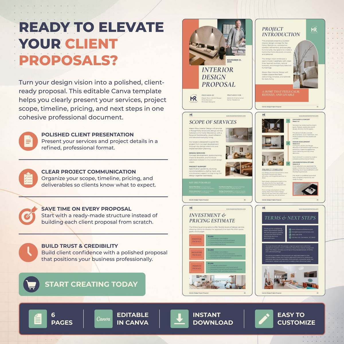 A promotional graphic for a Canva template product, titled 'Ready to Elevate Your Client Proposals?'. The left side features dark teal and orange marketing text with five bullet points explaining the template's benefits.
