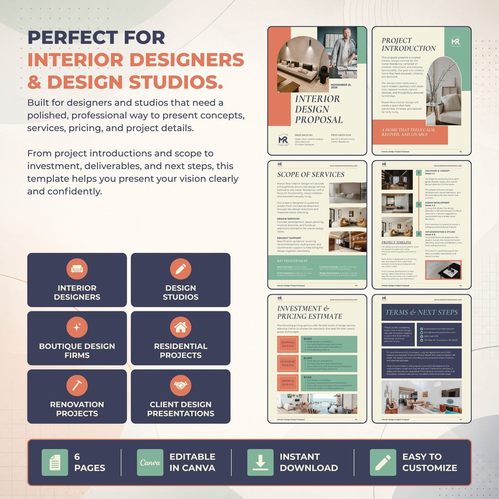 A promotional graphic for an interior design template set, featuring multiple mockup pages of a proposal, scope of services, pricing estimate, and next steps layout. The design uses a clean white background with coral, teal, and dark navy blocks, plus text highlighting features like 6 pages, editable in Canva, instant download, and easy to customize.
