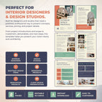 A promotional graphic for an interior design template set, featuring multiple mockup pages of a proposal, scope of services, pricing estimate, and next steps layout. The design uses a clean white background with coral, teal, and dark navy blocks, plus text highlighting features like 6 pages, editable in Canva, instant download, and easy to customize.
