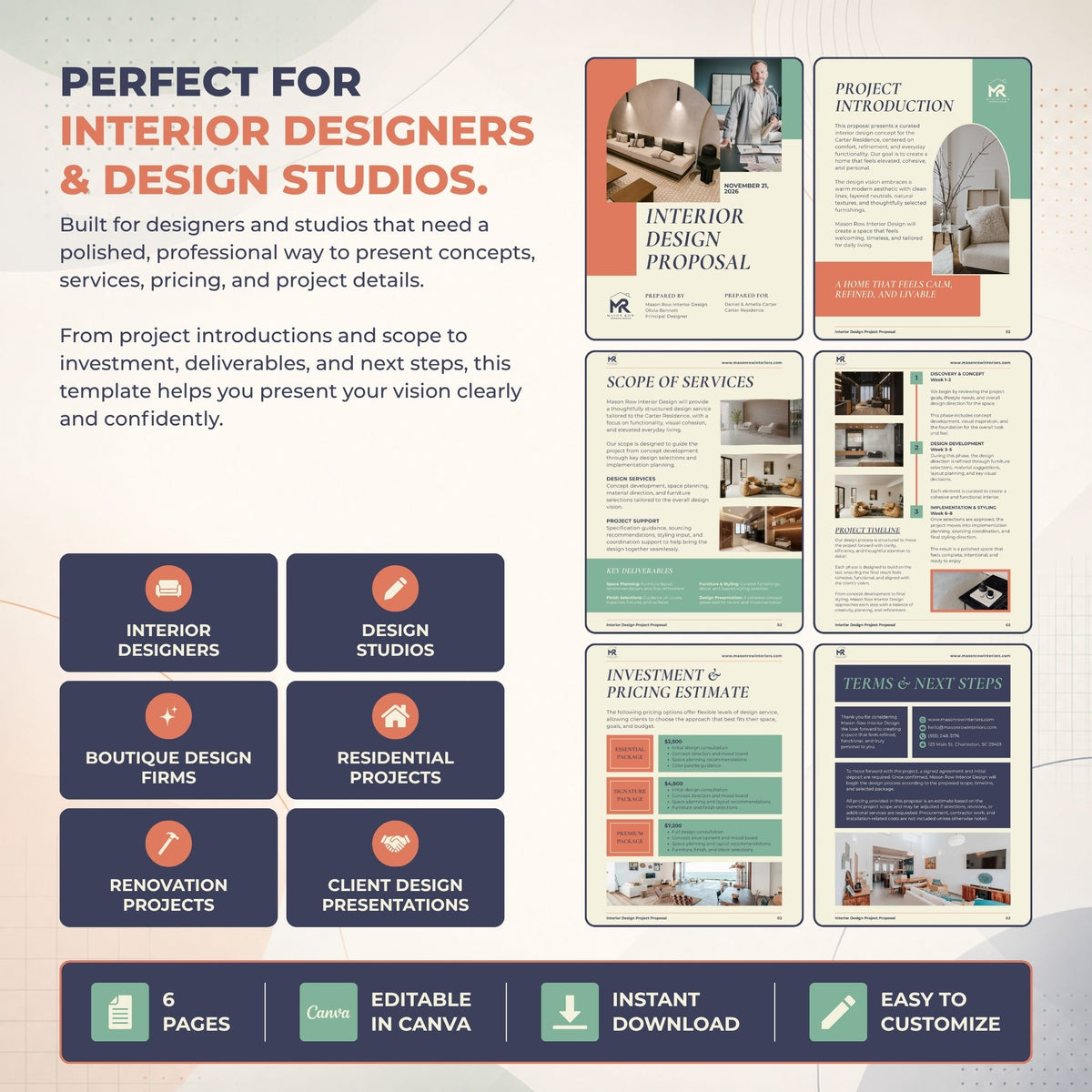 A promotional graphic for an interior design template set, featuring multiple mockup pages of a proposal, scope of services, pricing estimate, and next steps layout. The design uses a clean white background with coral, teal, and dark navy blocks, plus text highlighting features like 6 pages, editable in Canva, instant download, and easy to customize.
