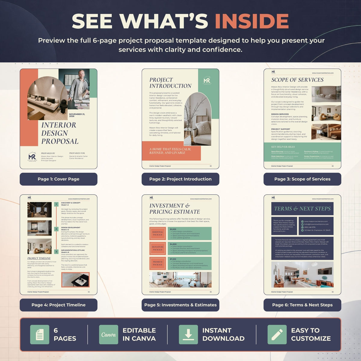 A promotional graphic for a 6-page interior design proposal template, showing six page layouts arranged in a grid with a dark navy header and footer. The top text reads 'SEE WHAT'S INSIDE' with a subtitle about previewing the full template.
