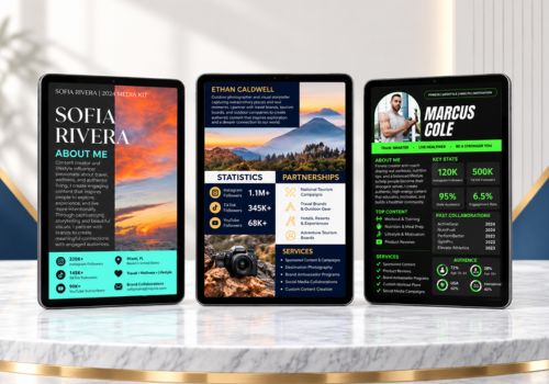 Three tablets display colorful professional profiles for Sofia Rivera, Ethan Caldwell, and Marcus Cole, arranged on a marble pedestal.