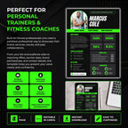 Fitness media kit template designed for personal trainers, fitness creators, strength coaches, wellness coaches and online trainers, featuring professional brand, audience, service and partnership information.