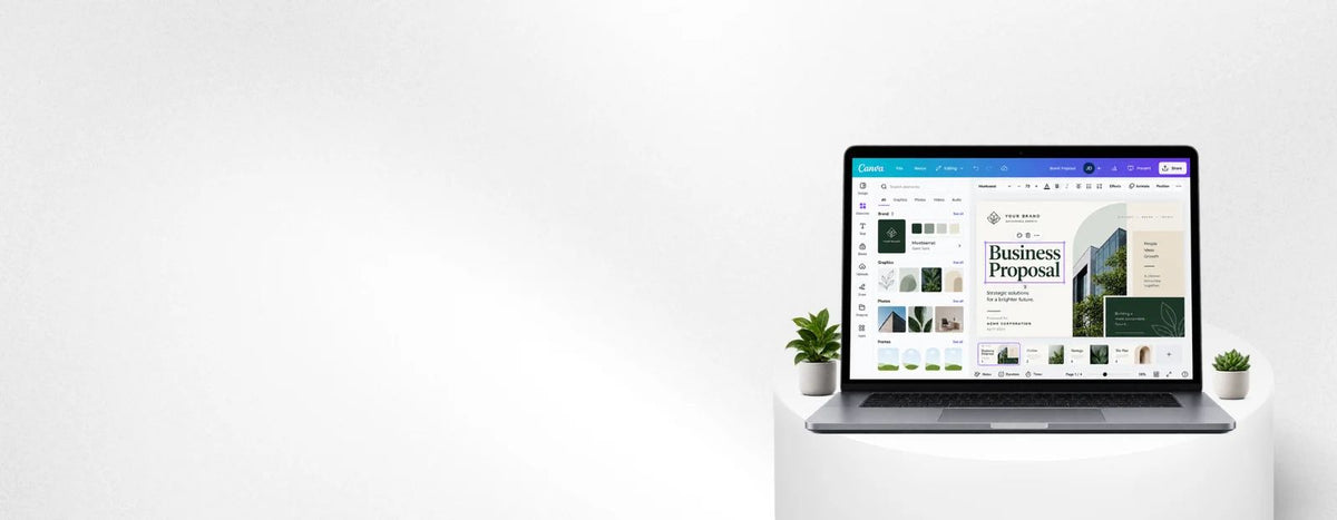Laptop displaying a business proposal design interface on a white pedestal, flanked by small potted plants in a clean, modern workspace.