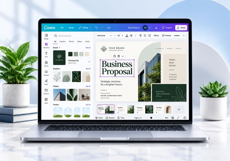 A laptop on a light marble desk displaying a digital business proposal template, styled with potted green plants on both sides.
