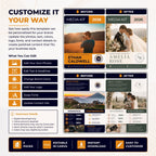 A promotional graphic for a digital Canva social media template kit, showing customizable 'Before' and 'After' layout previews with editable feature icons and text on a dark blue background.
