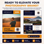 Promotional graphic for a photography media kit template, showing sample cover and statistics pages for Ethan Caldwell, with text highlighting features like 2 pages, editable in Canva, instant download, and easy to customize.
