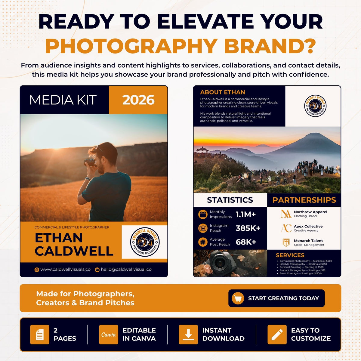Promotional graphic for a photography media kit template, showing sample cover and statistics pages for Ethan Caldwell, with text highlighting features like 2 pages, editable in Canva, instant download, and easy to customize.
