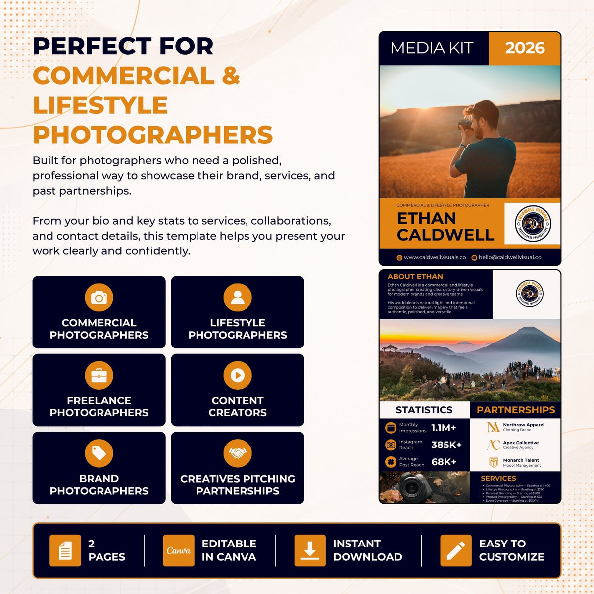 Promotional graphic for a digital Canva media kit template designed for commercial and lifestyle photographers. The layout features a dark orange and white color scheme with text highlighting key selling points like 'Perfect for Commercial & Lifestyle Photographers' and 'Editable in Canva'.
