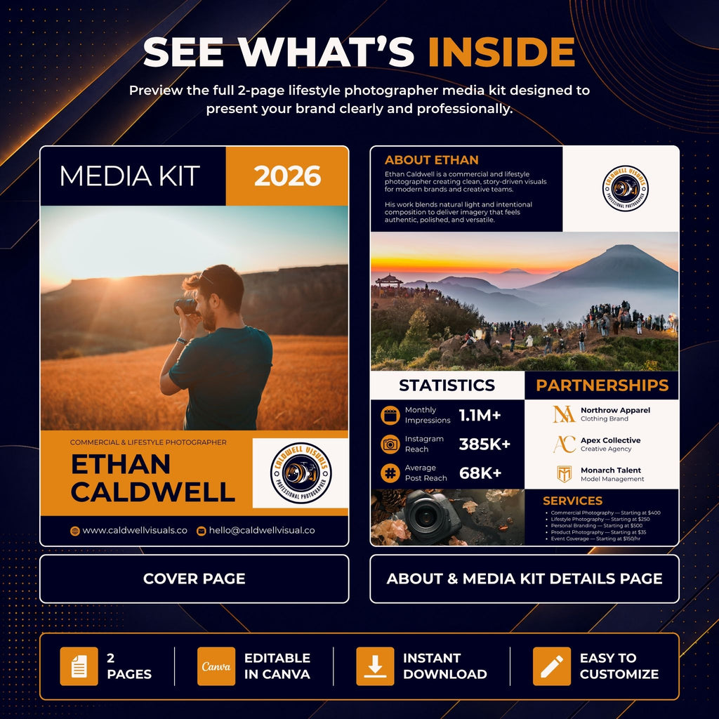 A promotional graphic for a digital media kit template, showing a mockup of a 2026 media kit cover page and about page with text sections, icons, and sample branding. The design uses dark navy, orange, and white with a lifestyle photo of a man in a field on the cover page.
