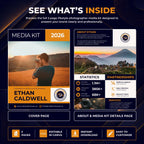 A promotional graphic for a digital media kit template, showing a mockup of a 2026 media kit cover page and about page with text sections, icons, and sample branding. The design uses dark navy, orange, and white with a lifestyle photo of a man in a field on the cover page.
