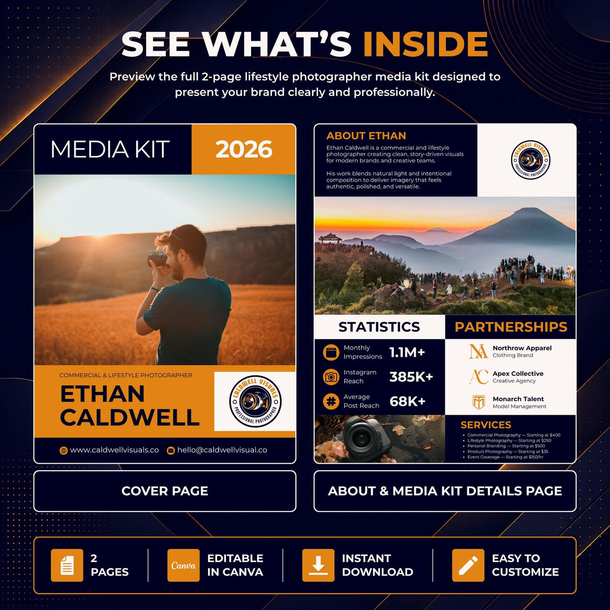 A promotional graphic for a digital media kit template, showing a mockup of a 2026 media kit cover page and about page with text sections, icons, and sample branding. The design uses dark navy, orange, and white with a lifestyle photo of a man in a field on the cover page.
